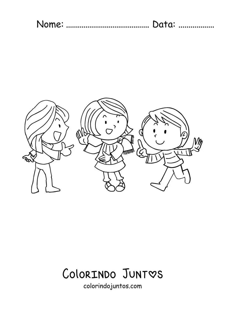 Desenho para colorir de três meninas jogando pedra, papel e tesoura