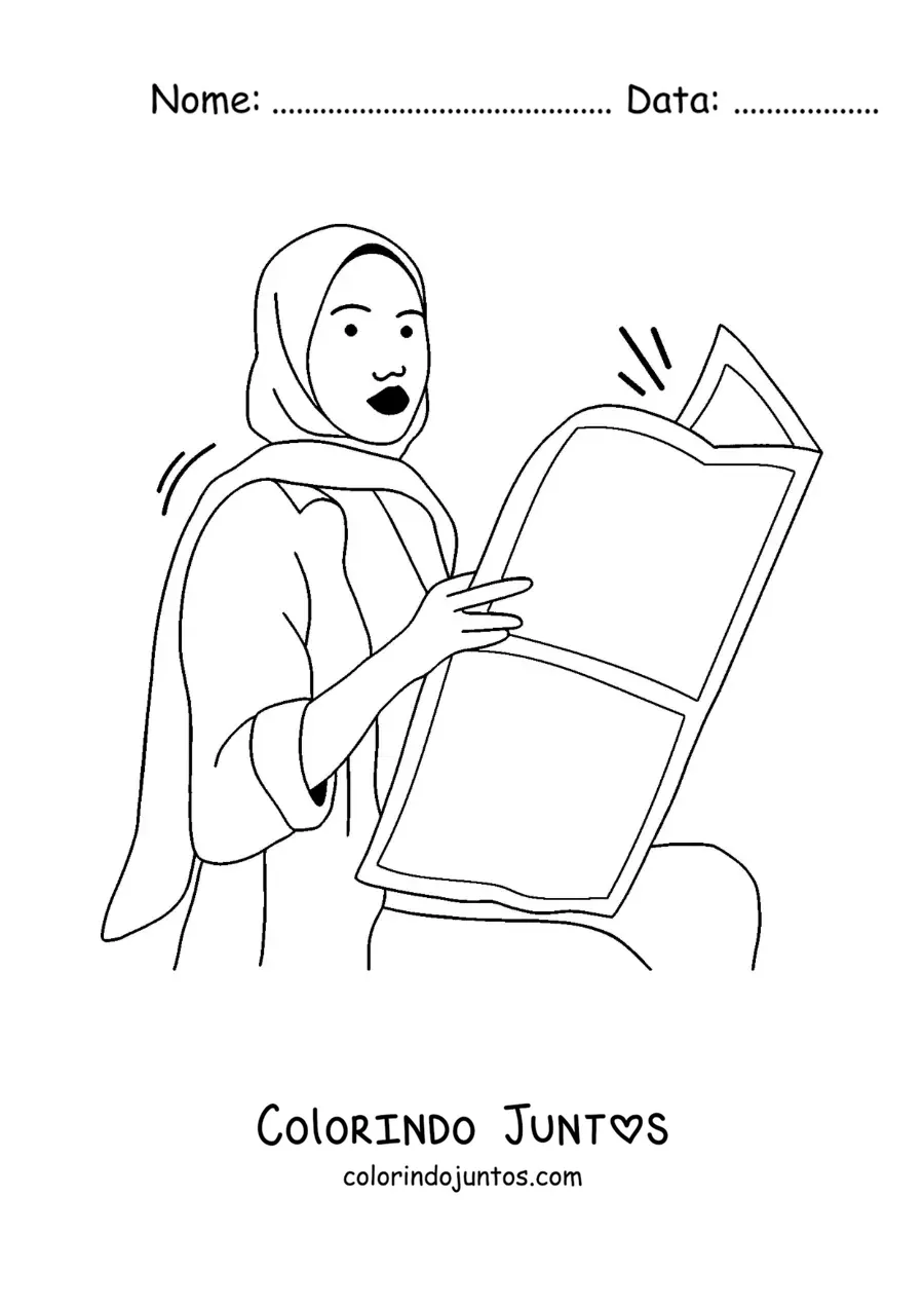 Desenho para colorir de uma mulher de hijab sentada lendo o jornal