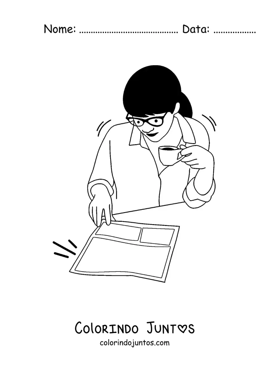 Desenho para colorir de uma mulher sentada lendo o jornal e tomando um café