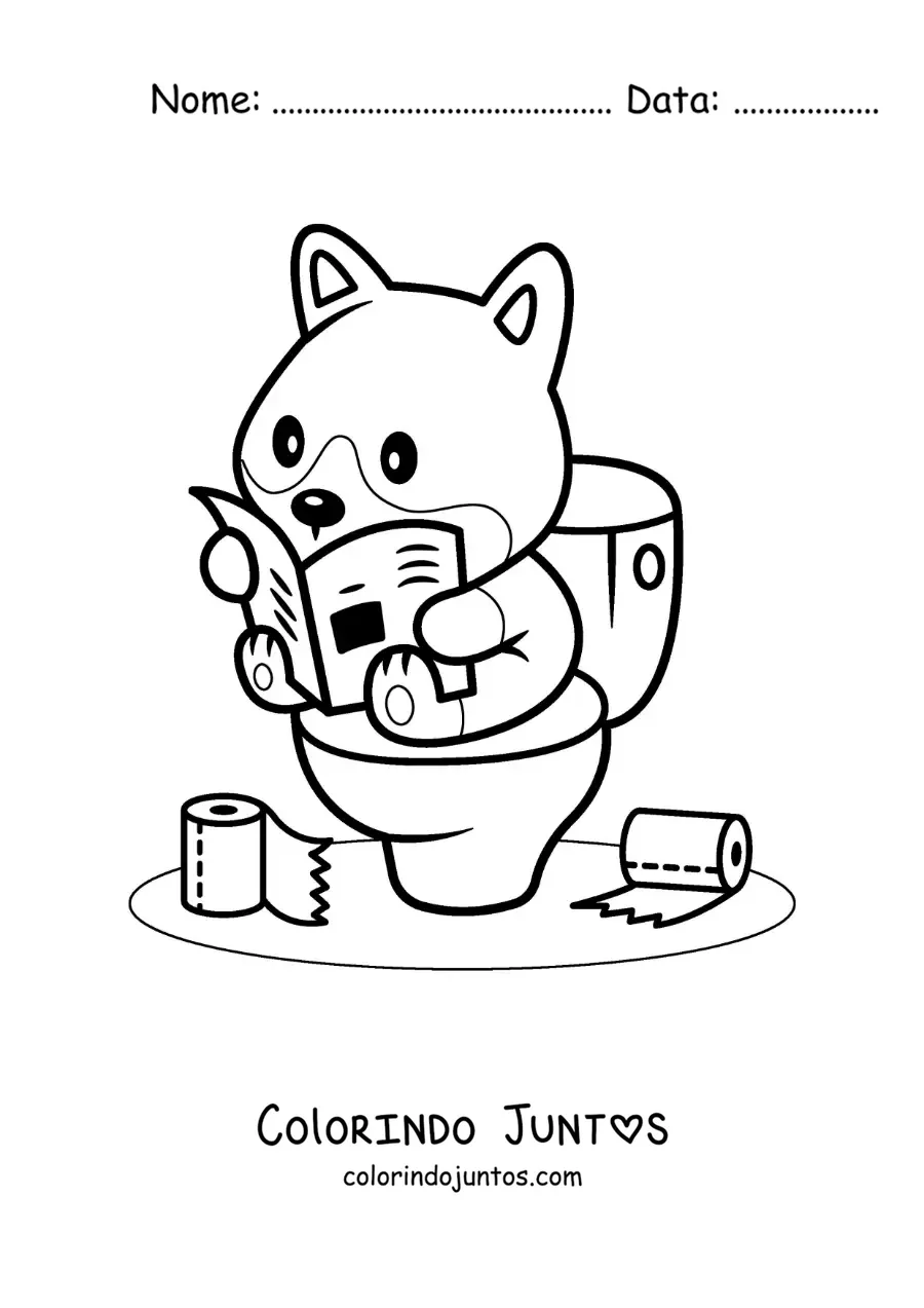 Desenho para colorir de um cachorro animado sentado no banheiro lendo o jornal