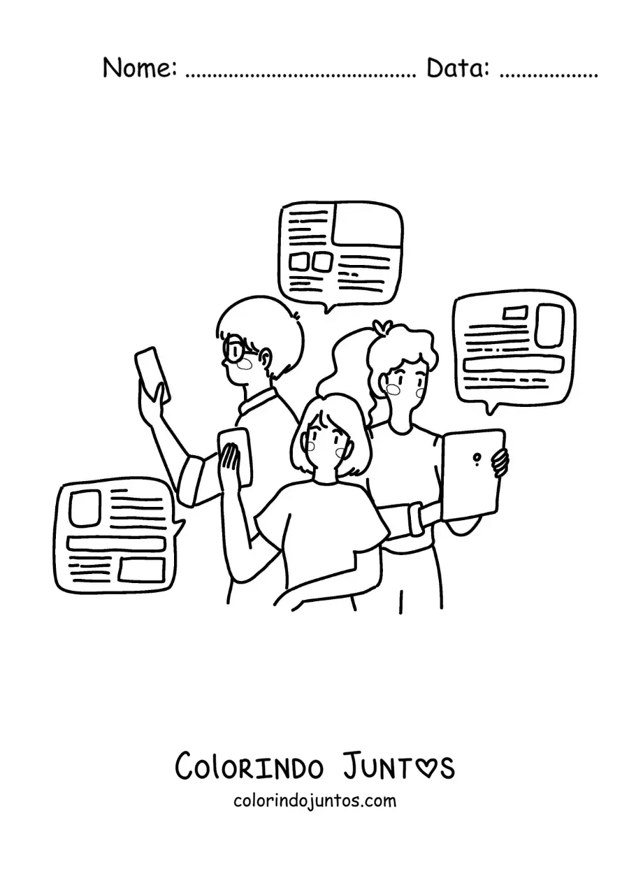 Desenho para colorir de um grupo de jovens lendo as notícias pela internet