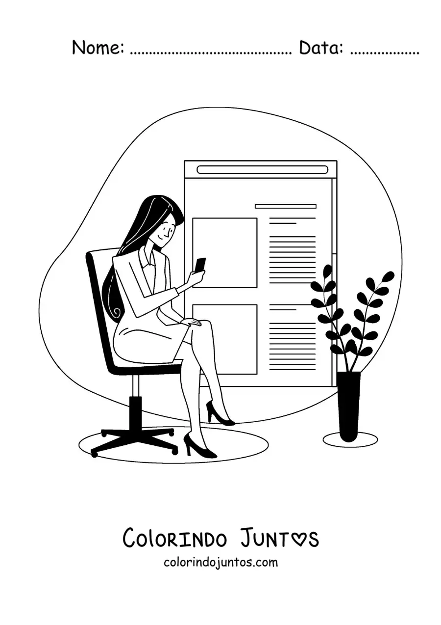 Desenho para colorir de uma mulher sentada lendo as notícias no celular