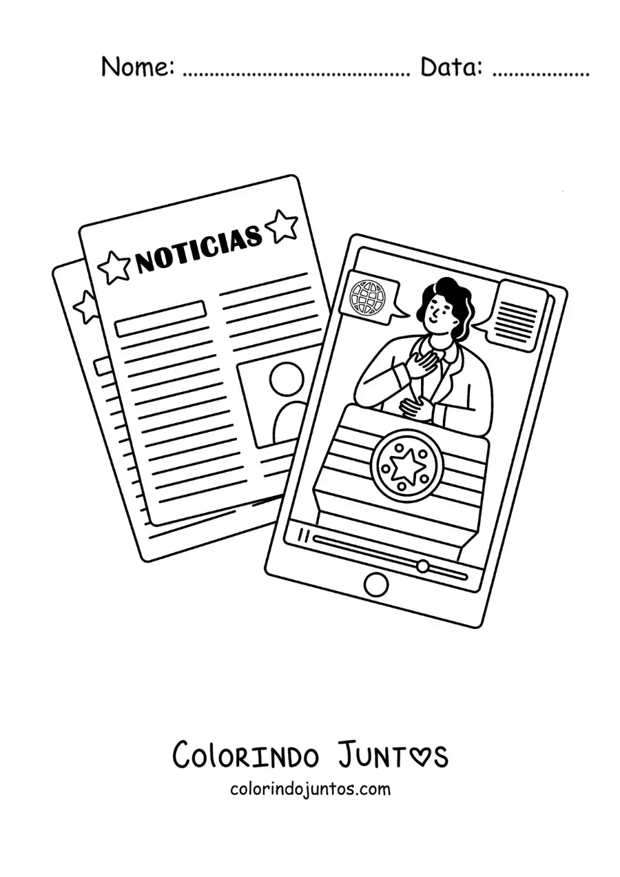 Desenho para colorir de um jornal ao lado de um telefone que mostra as notícias