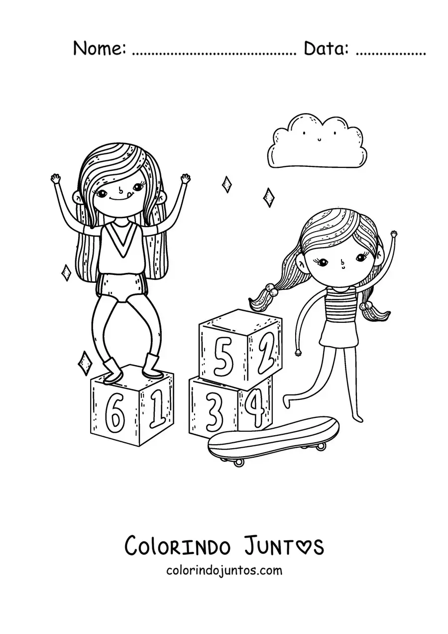 Desenho para colorir de duas meninas brincando