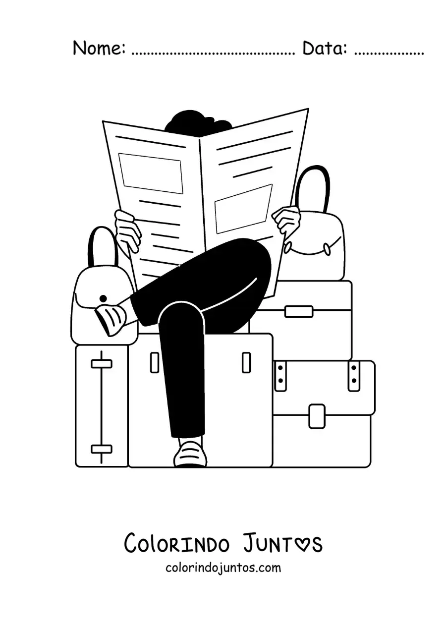 Desenho para colorir de um viajante sentado sobre suas malas lendo o jornal