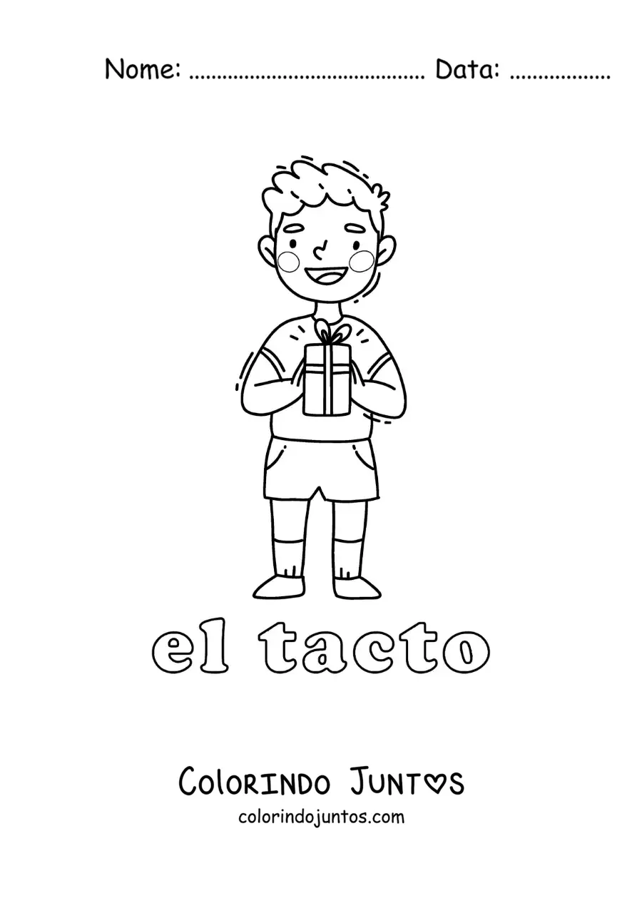 Desenho para colorir de um menino tocando um presente com as mãos