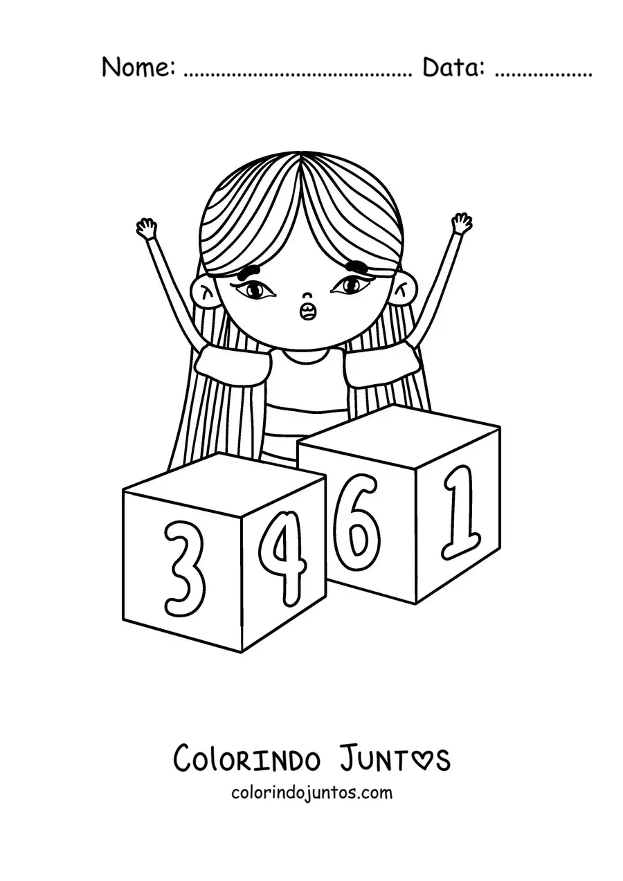 Desenho para colorir de uma menina brincando com blocos enormes