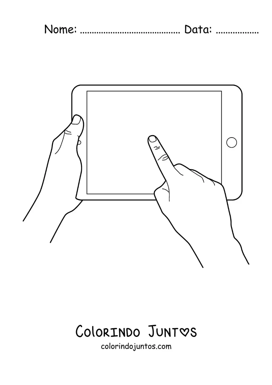 Desenho para colorir de um par de mãos usando um tablet com tela sensível ao toque