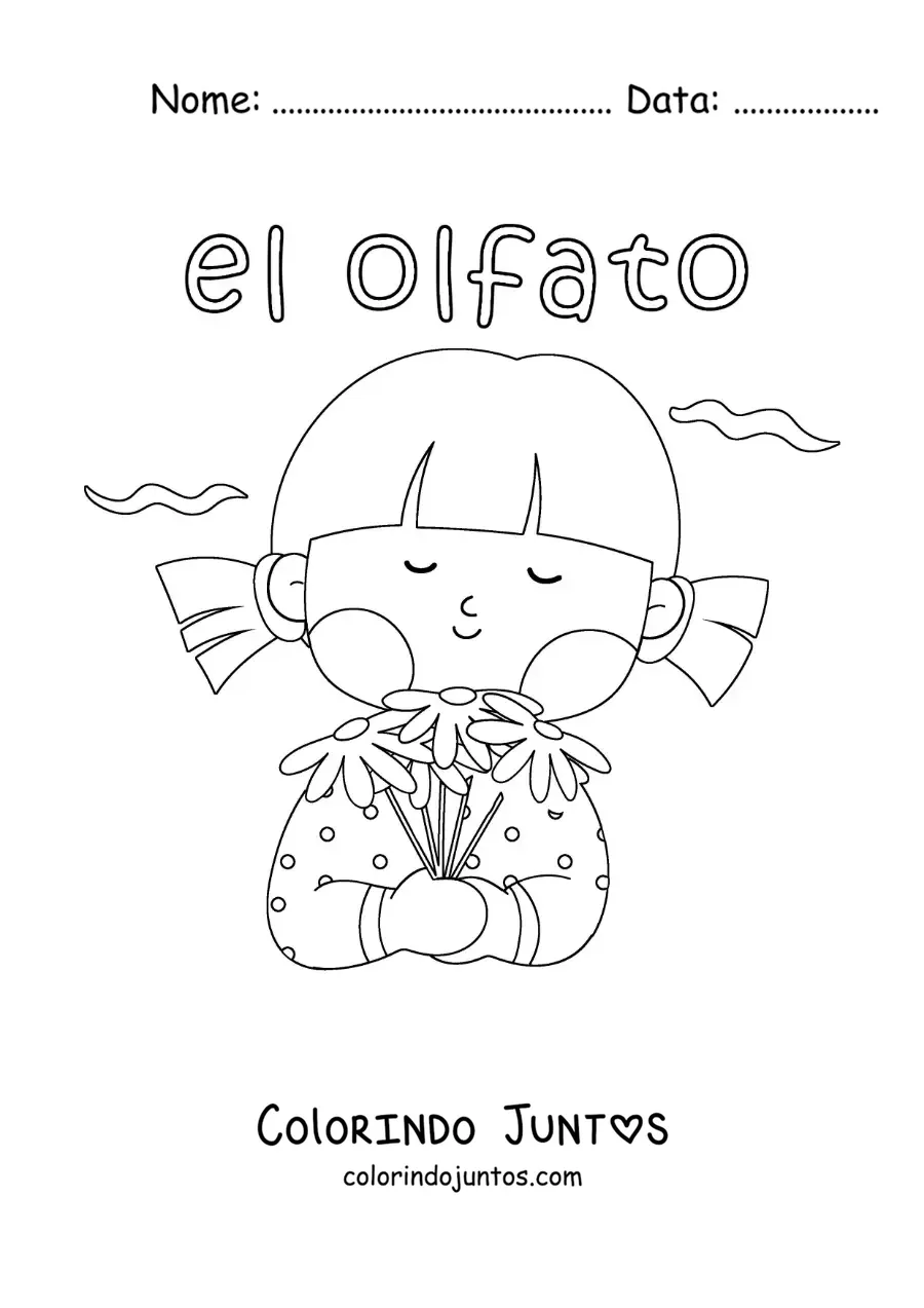 Desenho para colorir de uma menina animada cheirando uma flor