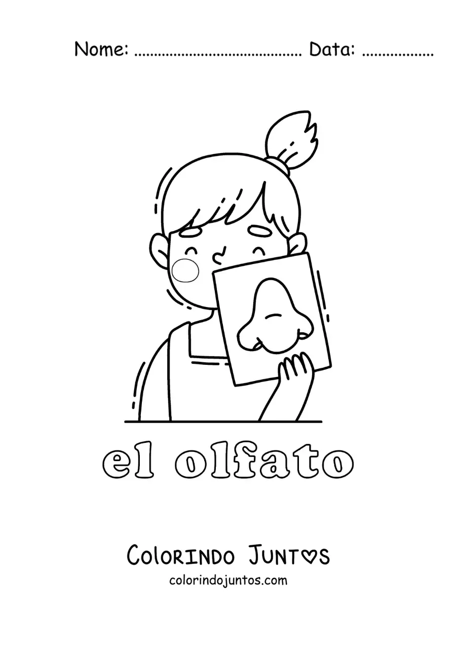 Desenho para colorir de uma menina mostrando o nariz