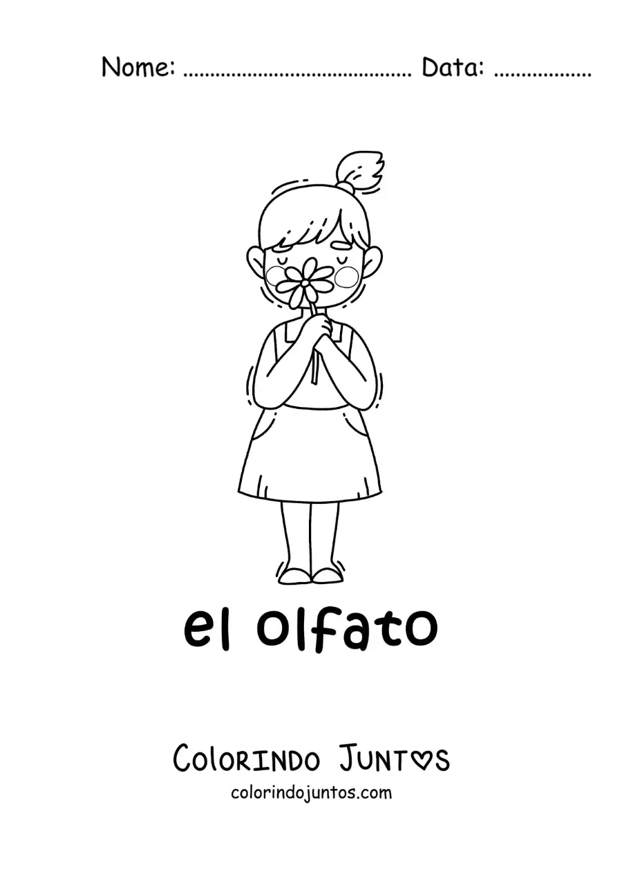 Desenho para colorir de uma menina usando o olfato para cheirar uma flor