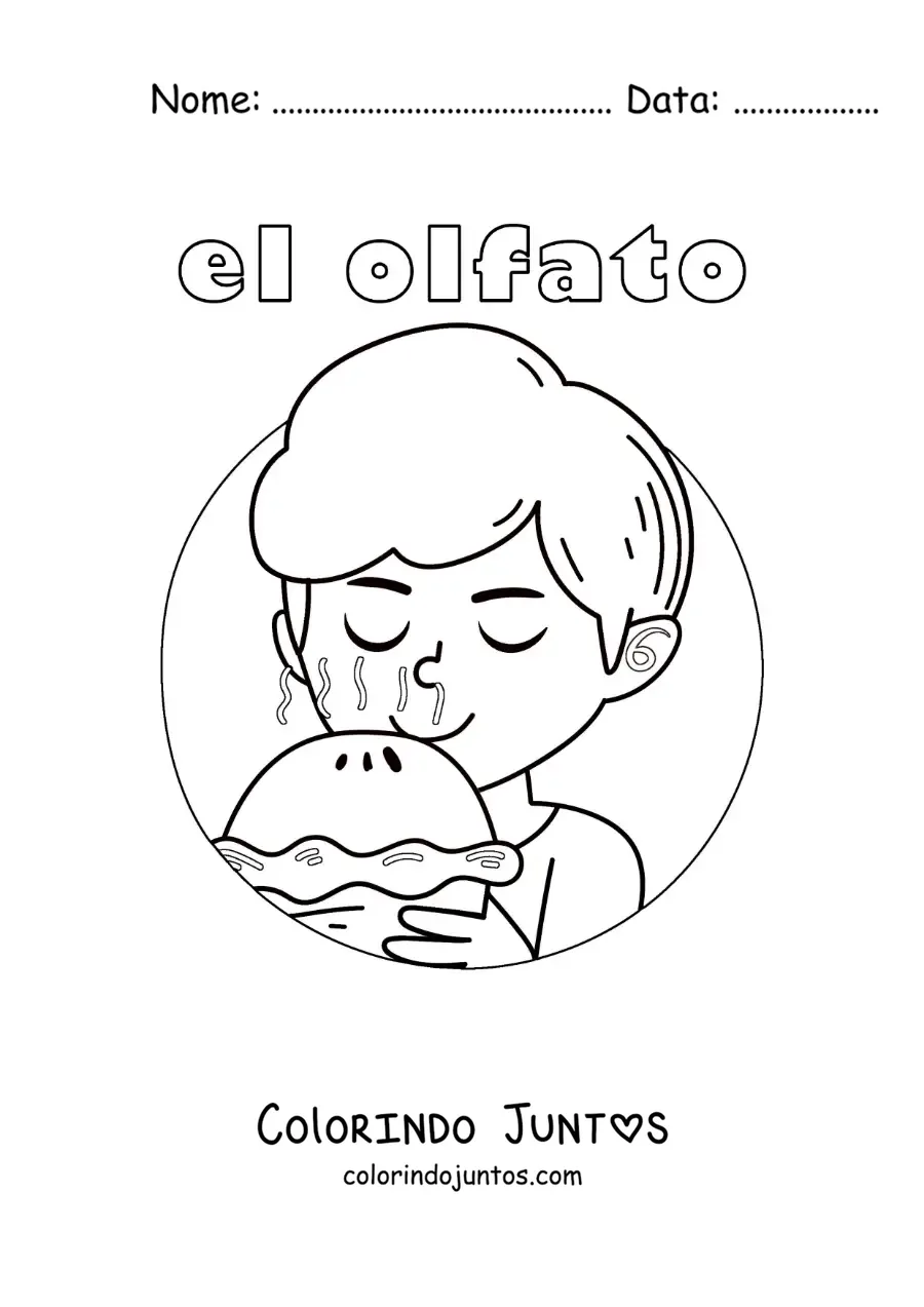 Desenho para colorir de um menino cheirando uma torta recém-saída do forno
