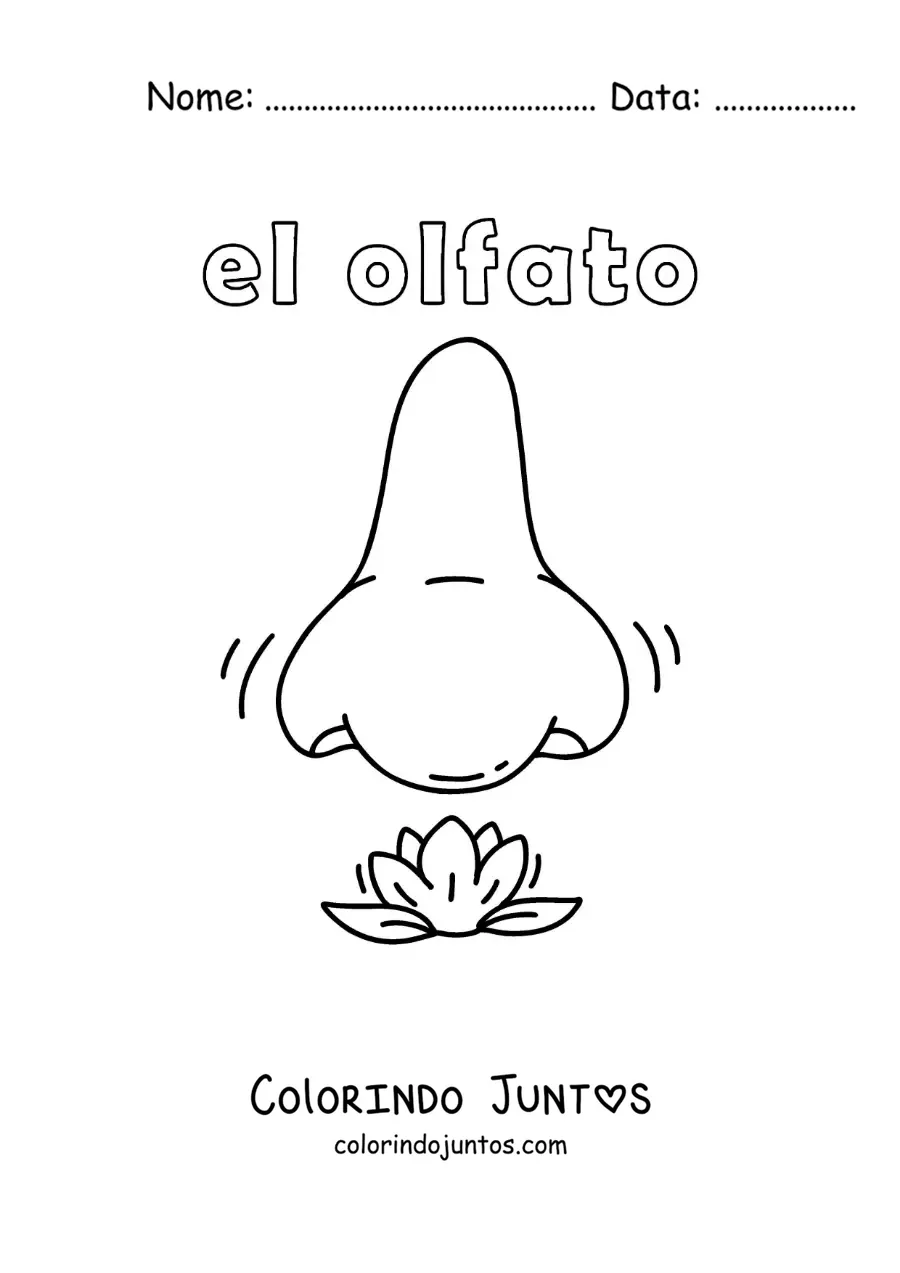 Desenho para colorir de um nariz cheirando uma flor