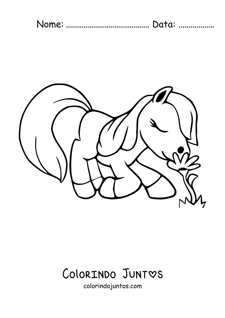 Desenho para colorir de um pônei animado cheirando flores