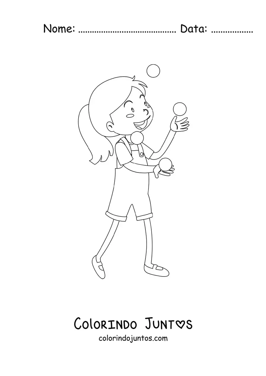Desenho para colorir de uma menina fazendo malabarismo