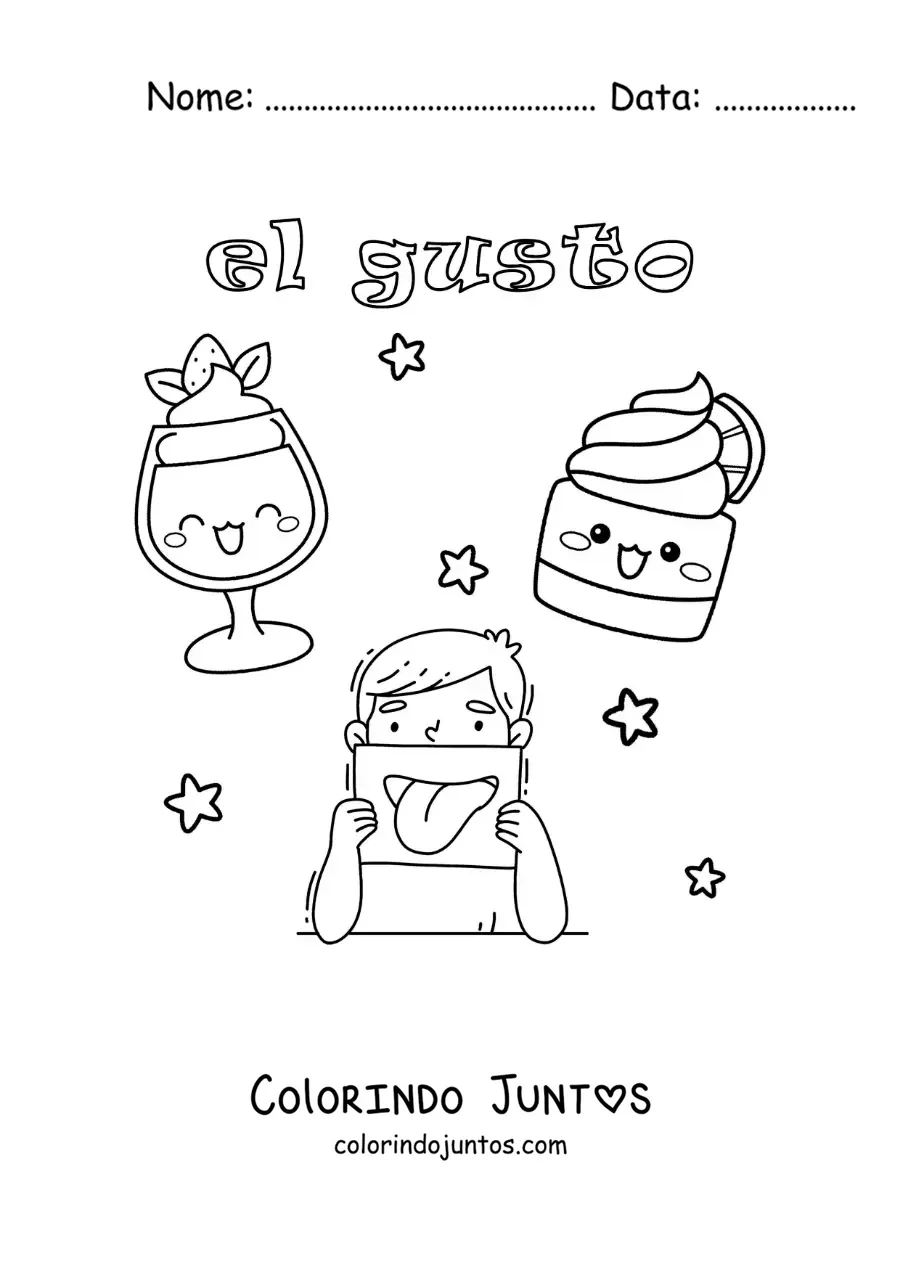 Desenho para colorir de doces animados e o sentido do paladar