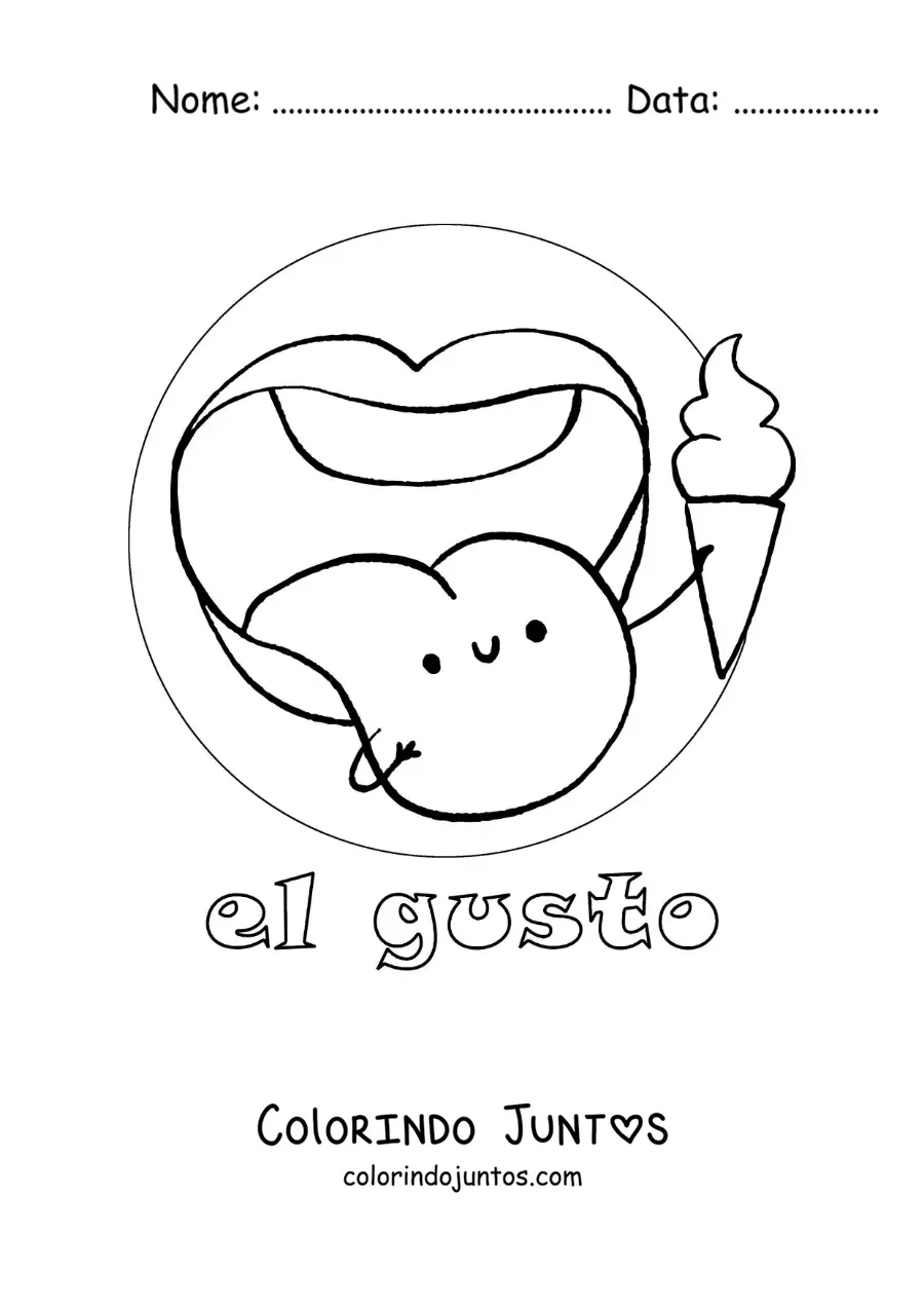 Desenho para colorir de uma língua animada como símbolo do sentido do paladar