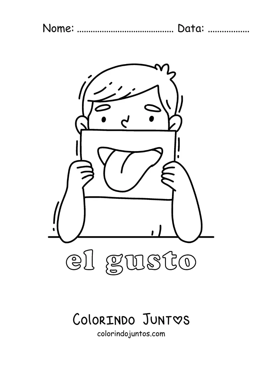 Desenho para colorir de um menino mostrando a boca com o texto "o paladar"