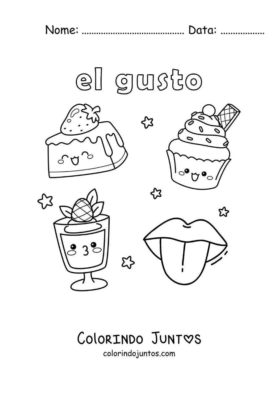 Desenho para colorir de doces animados e a língua como parte do sentido do paladar
