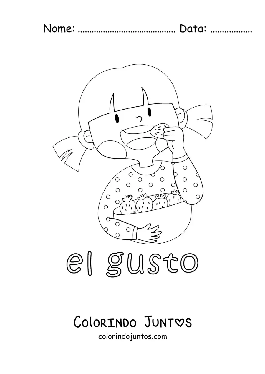 Desenho para colorir de uma menina saboreando morangos com o sentido do paladar