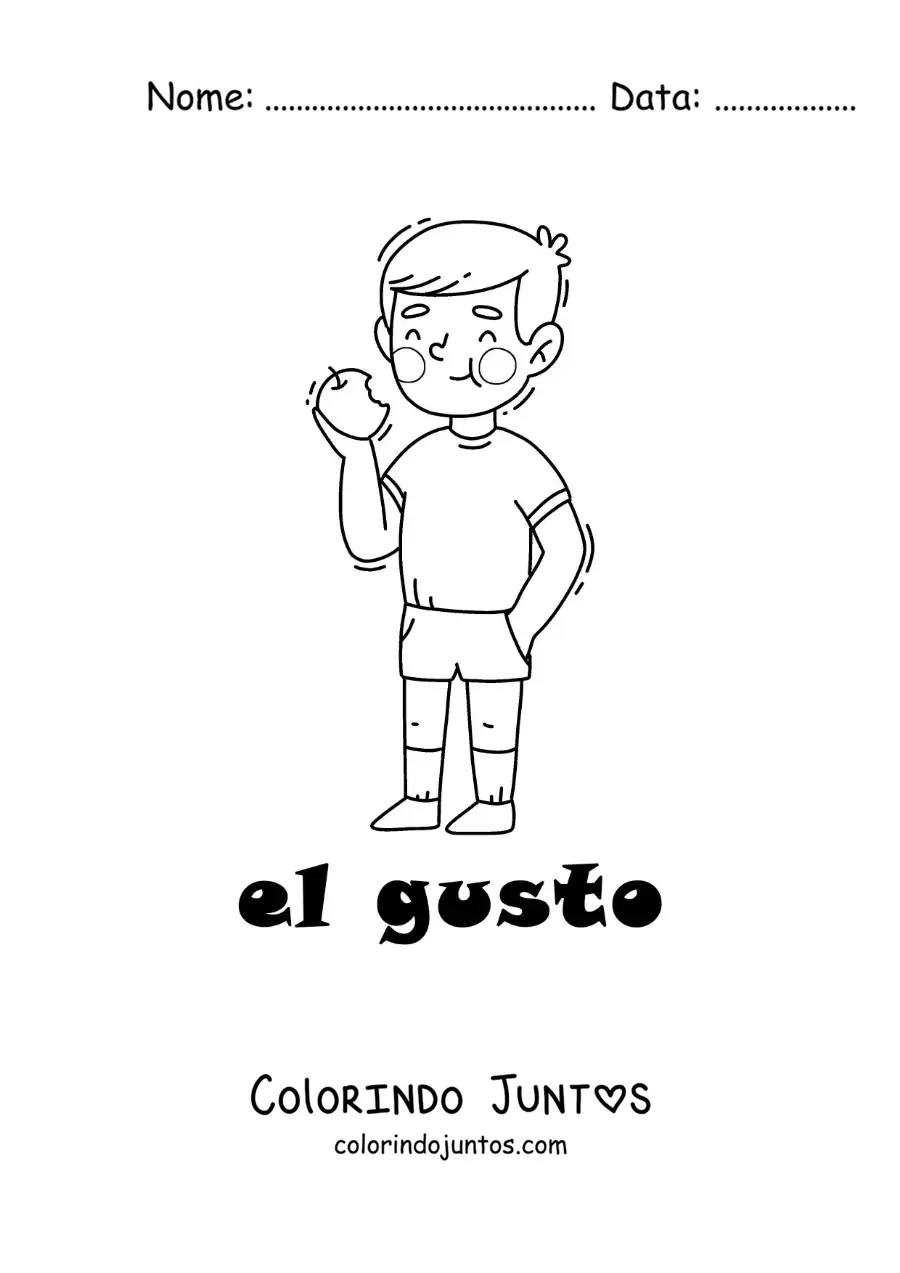 Desenho para colorir de um menino comendo uma maçã