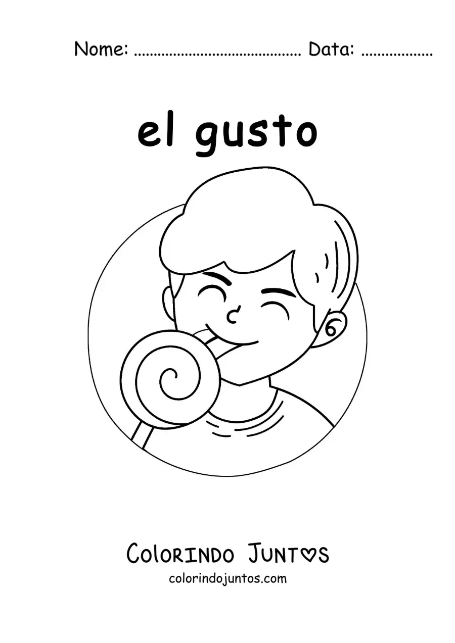 Desenho para colorir de um menino saboreando um doce com o sentido do paladar