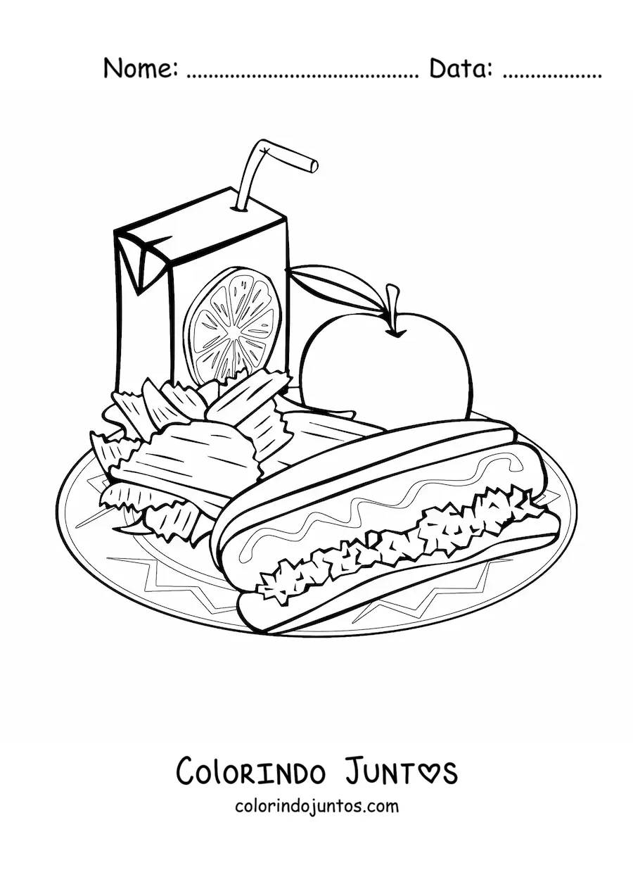 Desenho para colorir de um prato de almoço com maçã, salsicha, batatas e suco de laranja