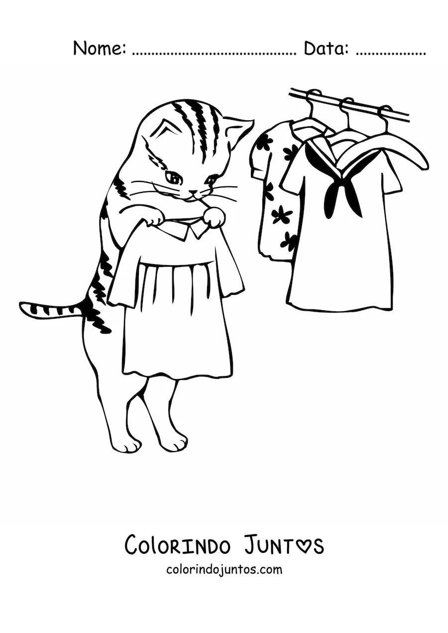 Desenho para colorir de um gato animado segurando um vestido junto a outros vestidos