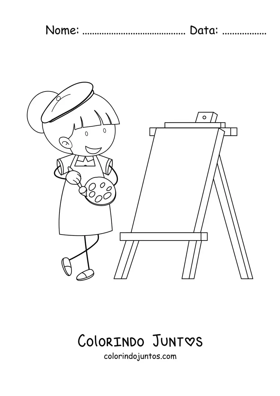 Desenho para colorir de uma menina pintando um quadro