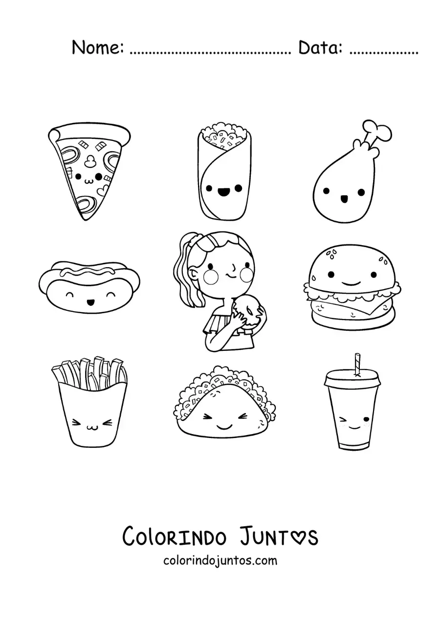 Desenho para colorir de uma menina com alimentos animados de diferentes sabores