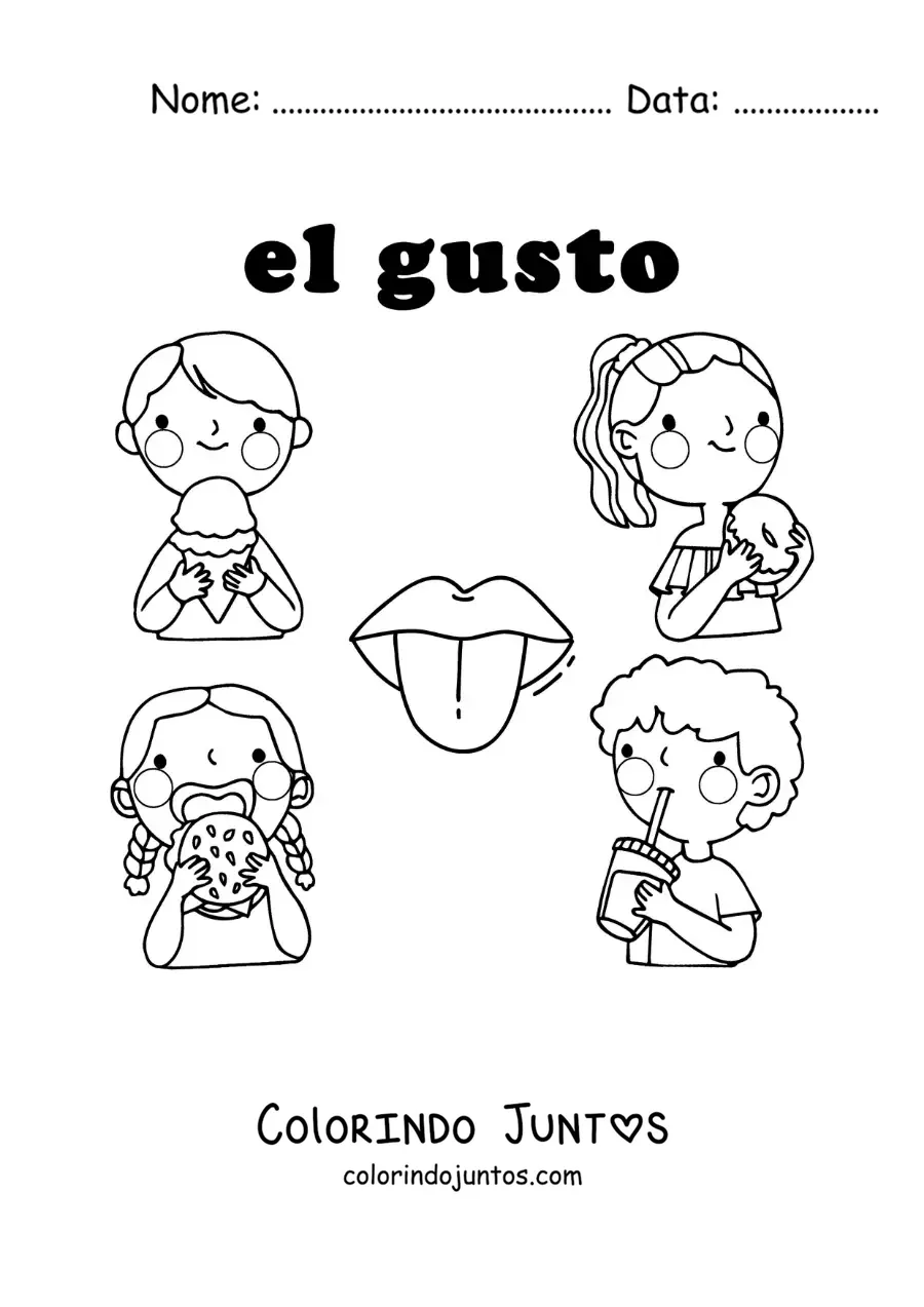 Desenho para colorir de crianças animadas saboreando alimentos de diferentes sabores