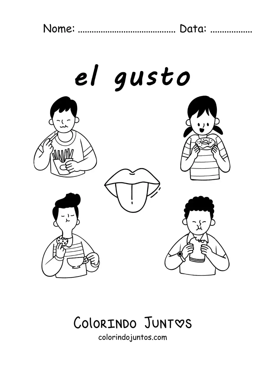 Desenho para colorir de uma língua e crianças comendo alimentos com o texto "o paladar"