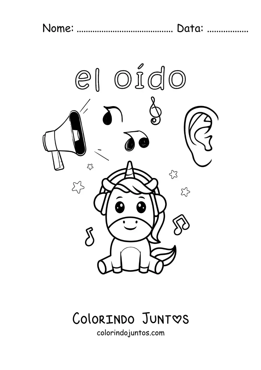 Desenho para colorir de exemplos animados do sentido da audição para crianças