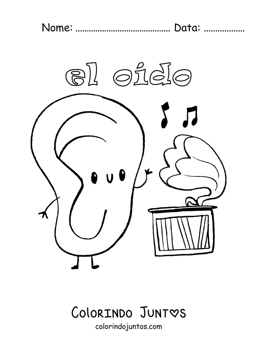 Desenho para colorir de um ouvido animado escutando música