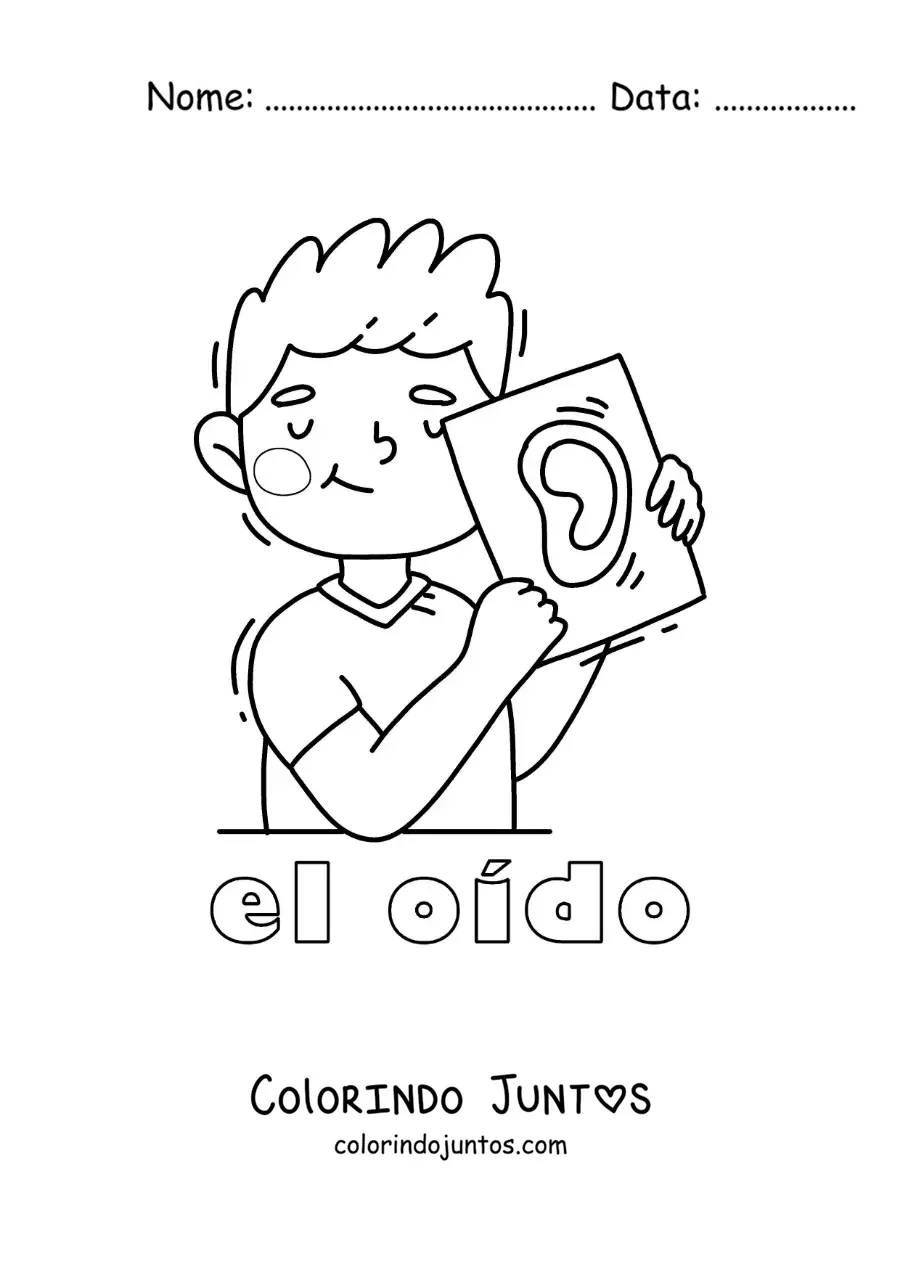 Desenho para colorir de um menino mostrando o ouvido com o texto "a audição"