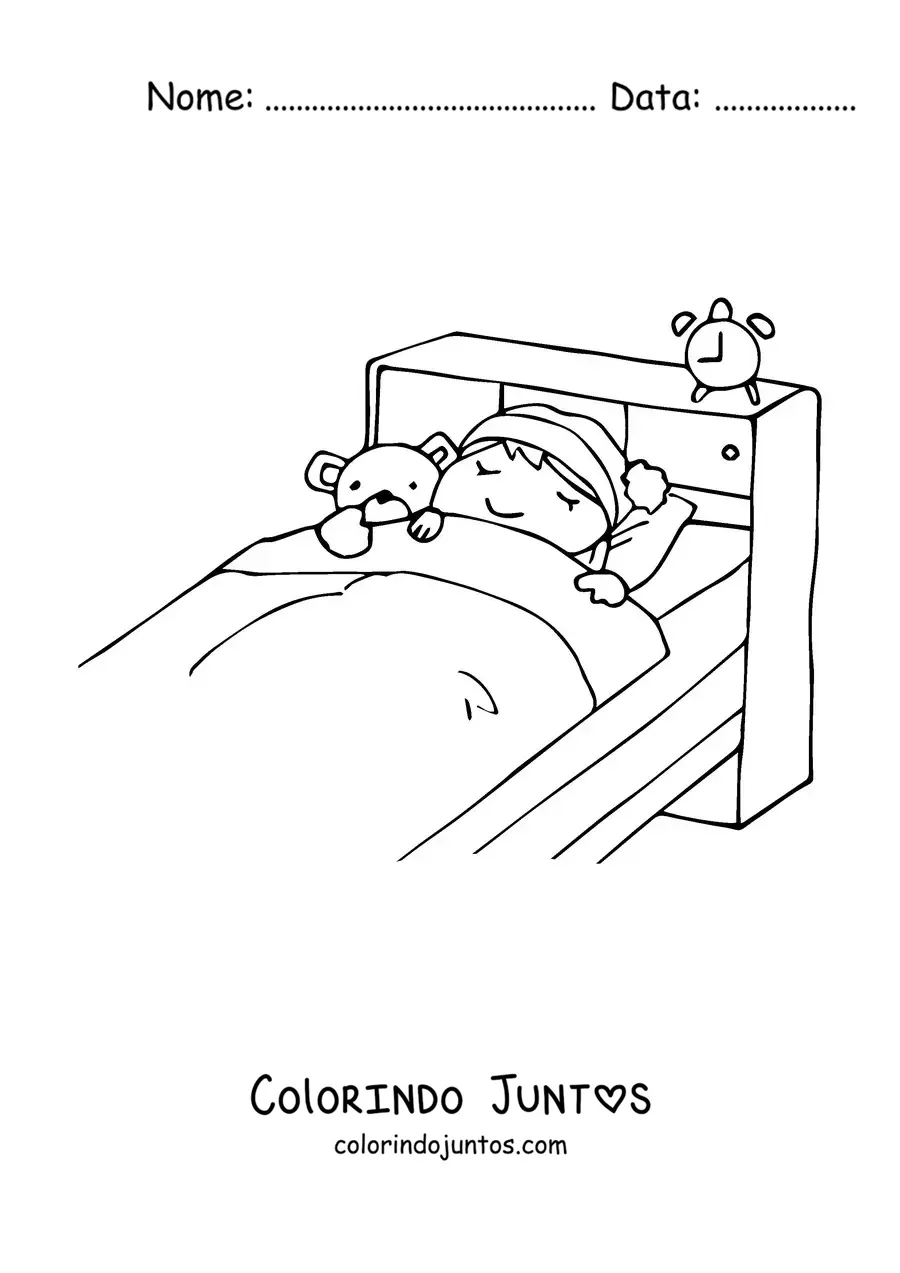 Desenho para colorir de uma menina dormindo em sua cama