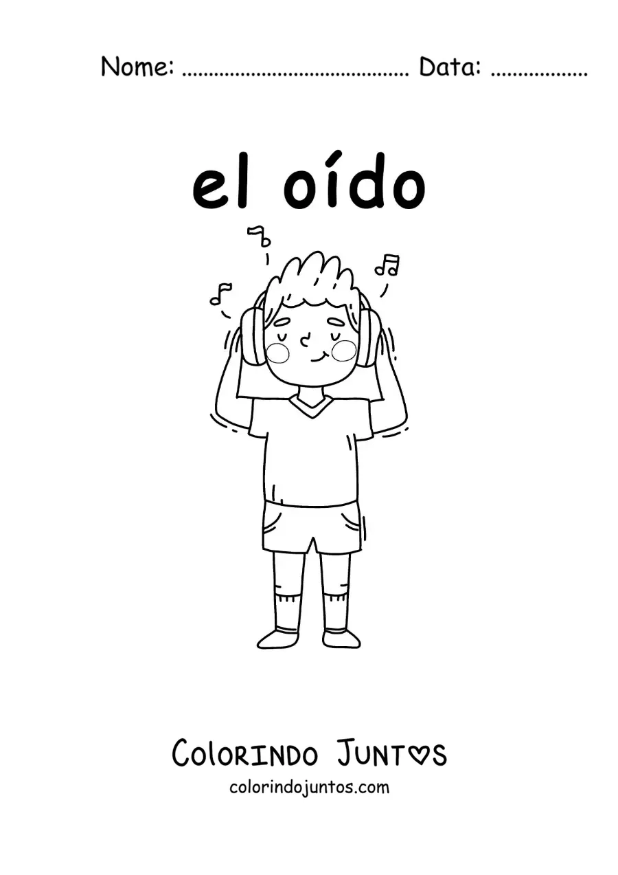 Desenho para colorir de um menino animado escutando música com os ouvidos