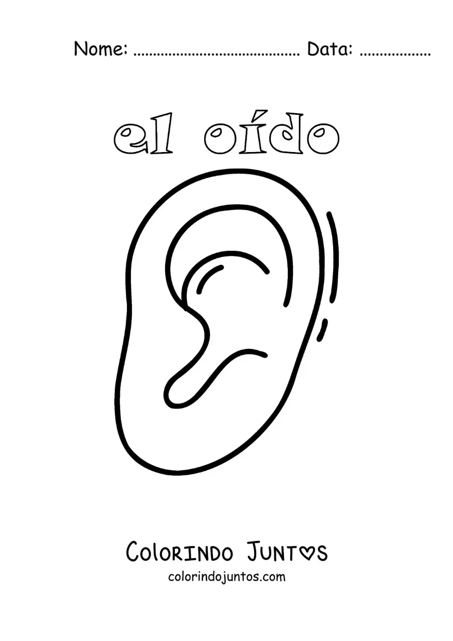 Desenho para colorir da orelha como parte do sentido da audição para crianças