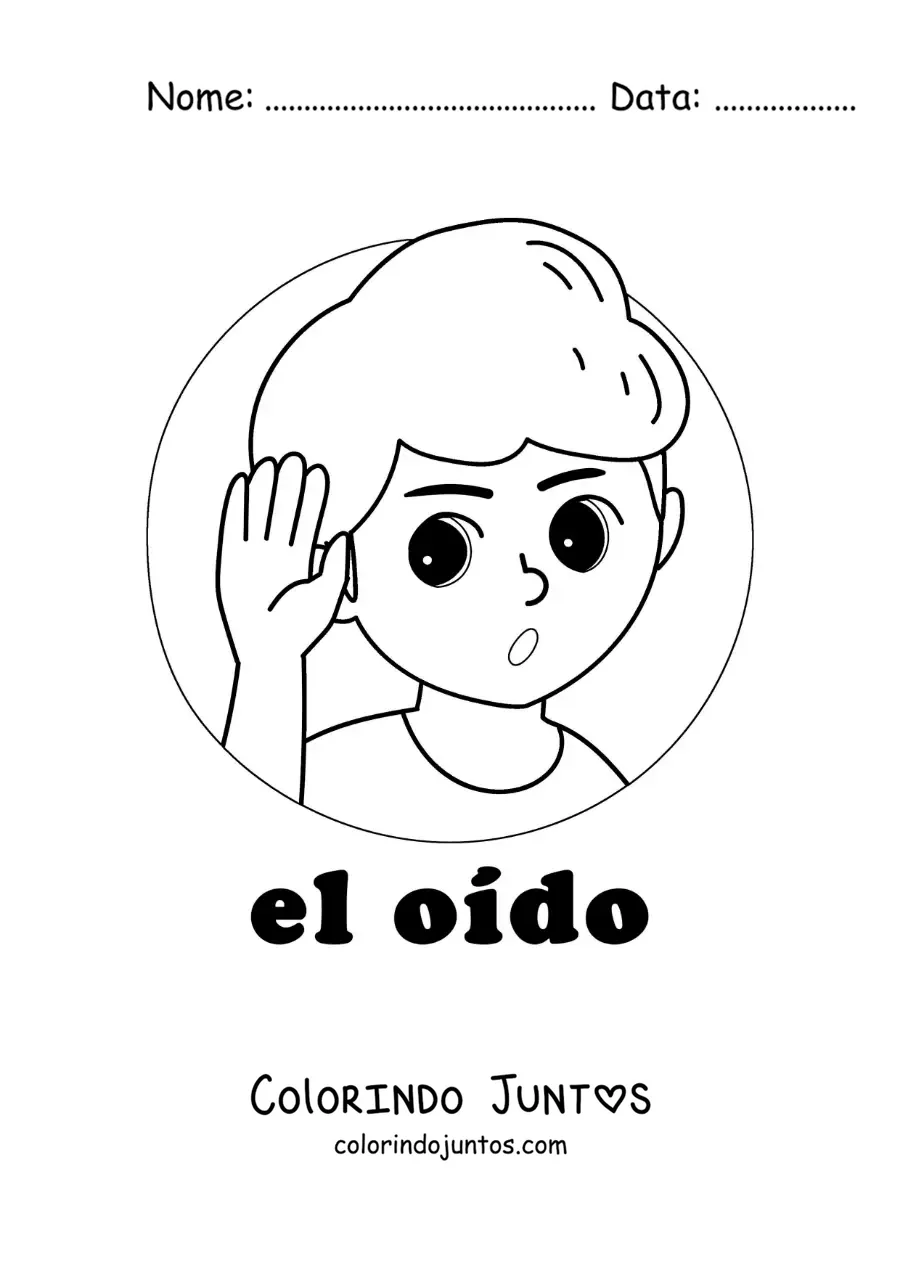 Desenho para colorir de um menino escutando um barulho com a orelha