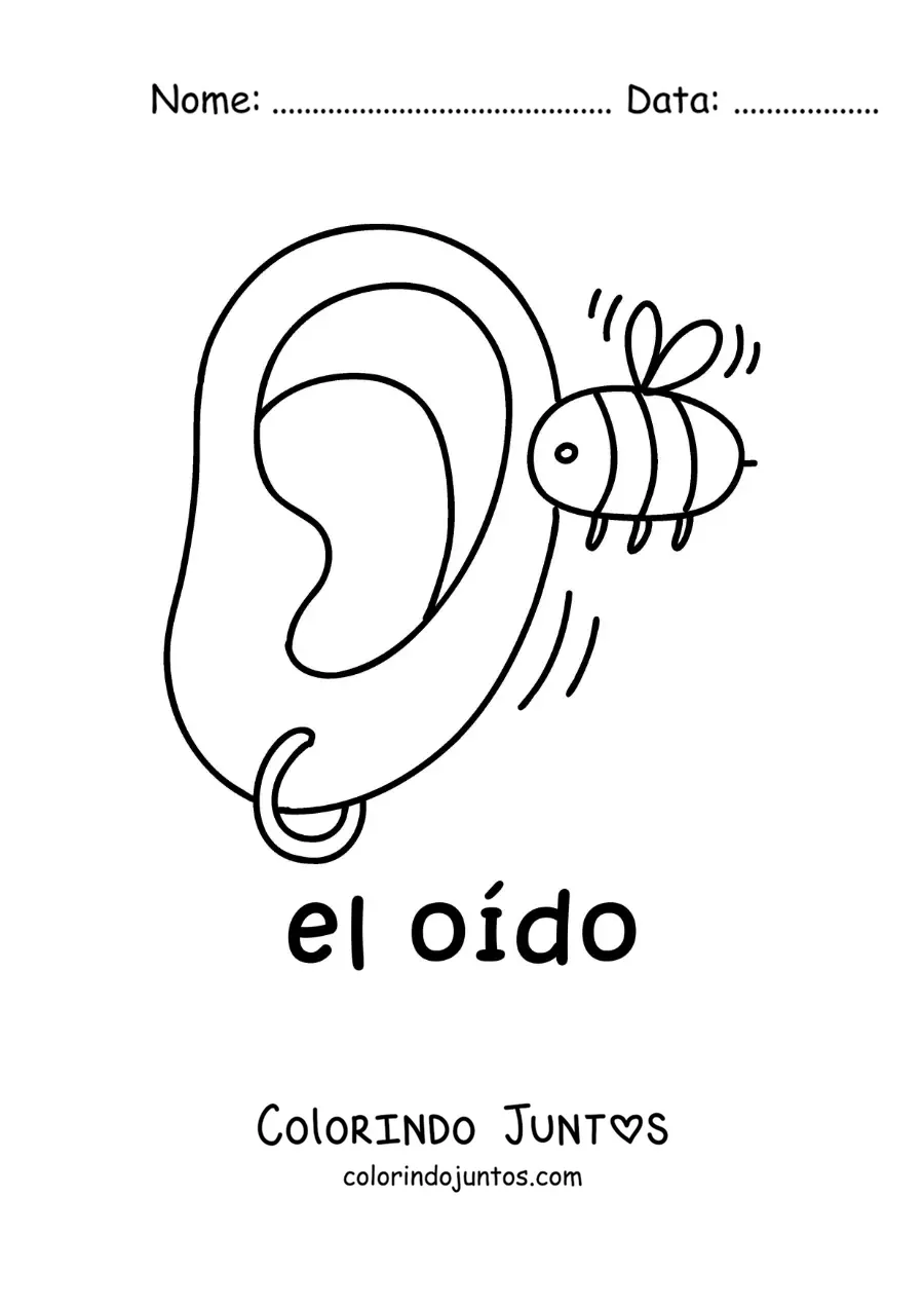 Desenho para colorir de uma abelha zumbindo na frente de uma orelha
