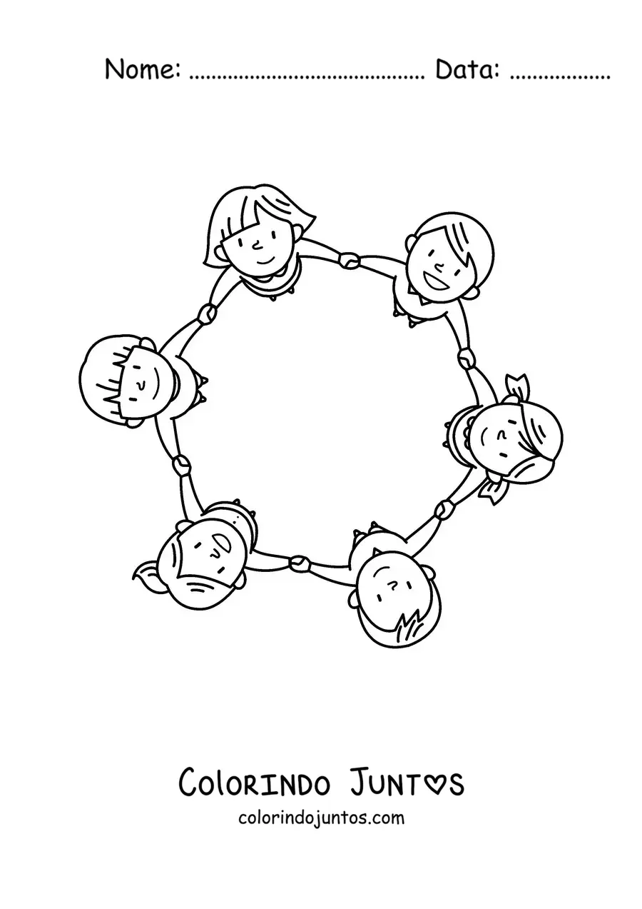 Desenho para colorir de várias meninas e meninos de mãos dadas em um círculo