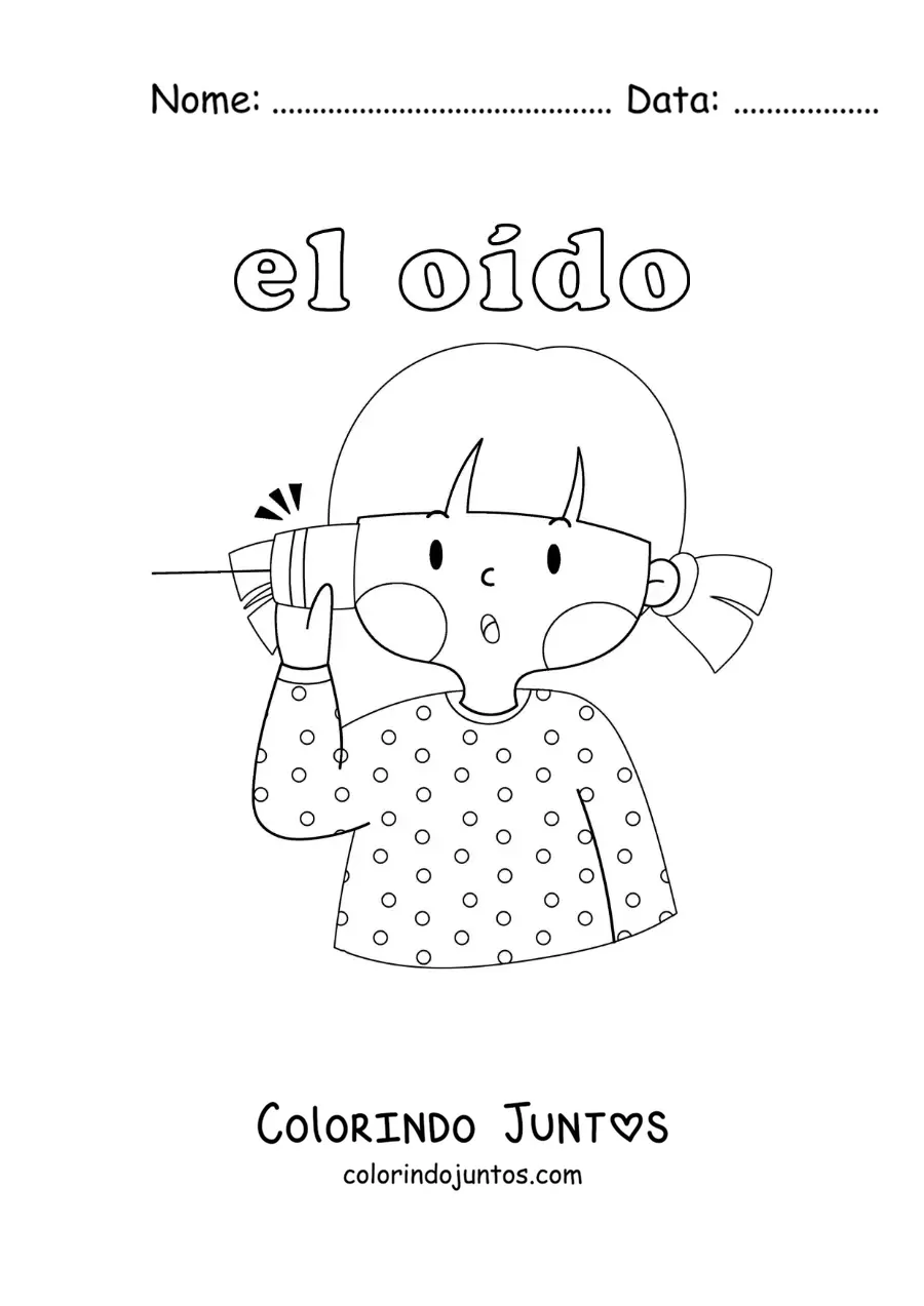 Desenho para colorir de uma menina escutando por um telefone de copos