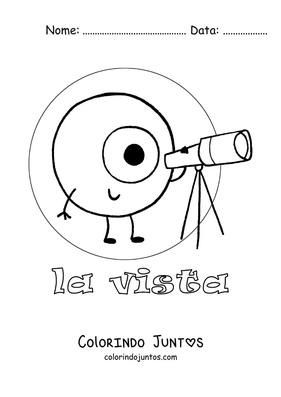 Desenho para colorir de um olho animado olhando por um telescópio
