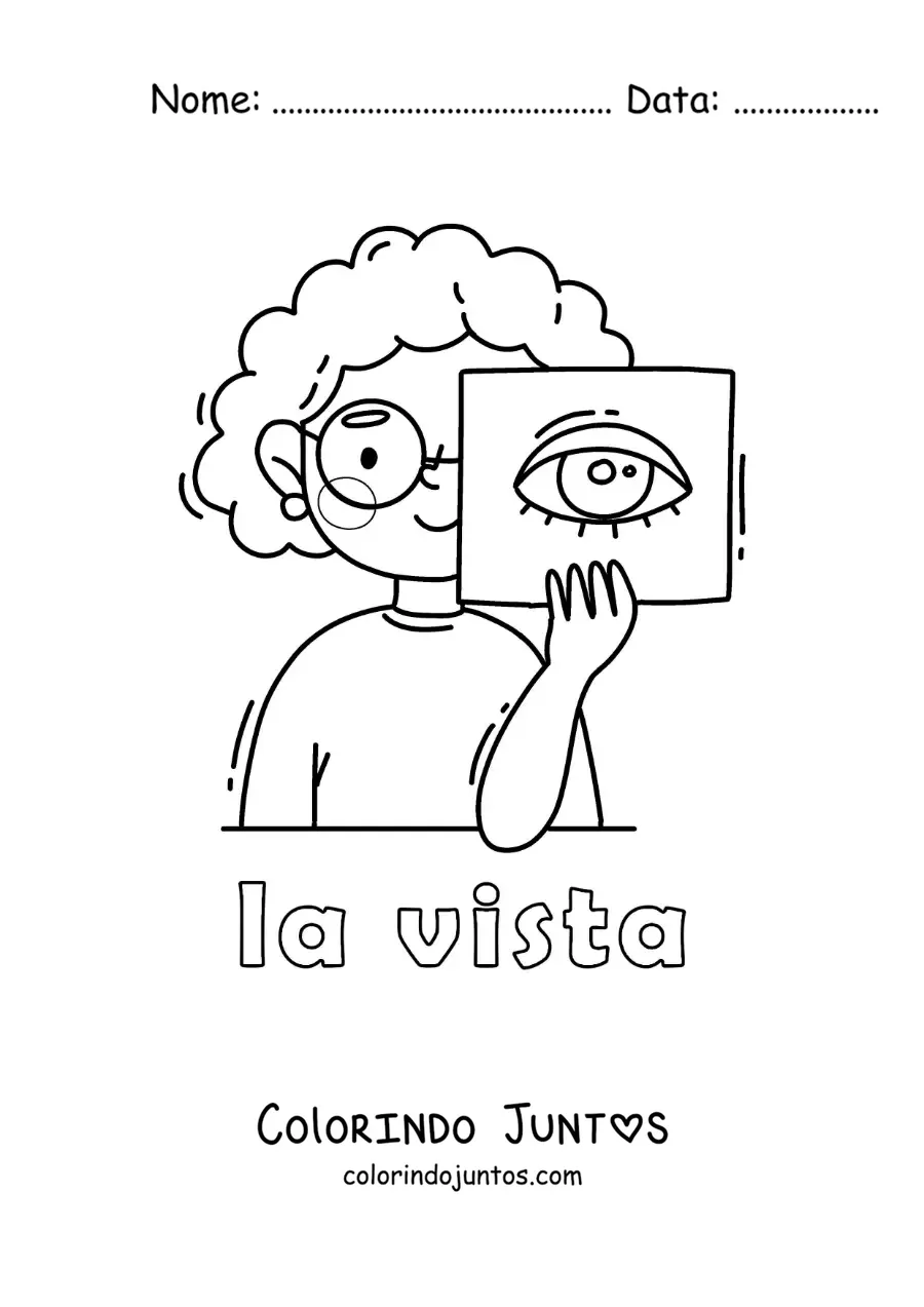 Desenho para colorir de uma menina mostrando o olho com o texto "a visão"
