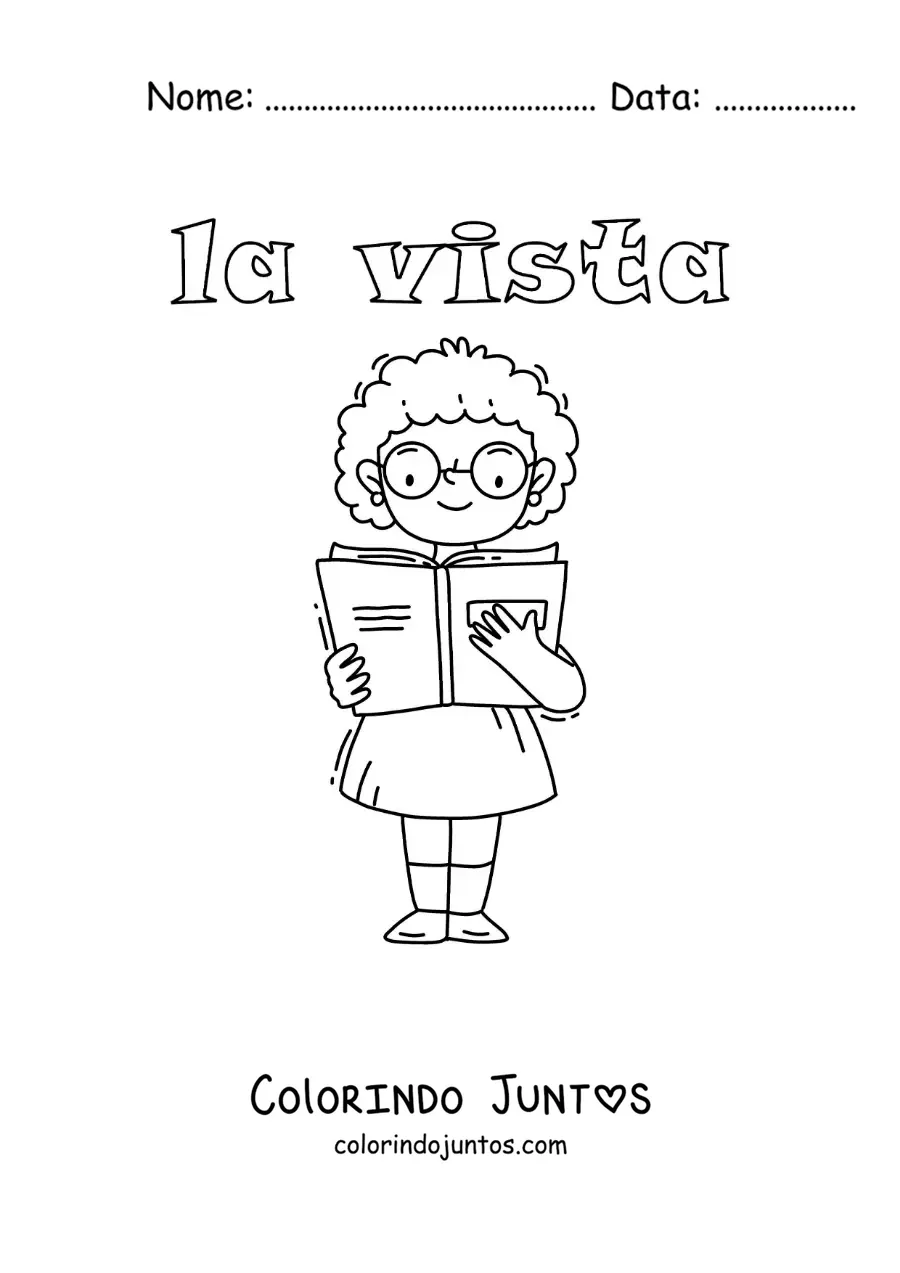 Desenho para colorir de uma menina de óculos lendo um livro