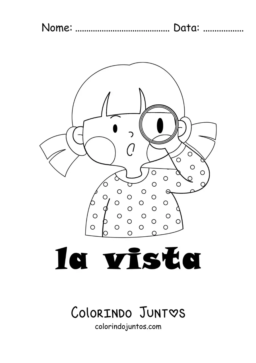 Desenho para colorir de uma menina olhando por uma lupa