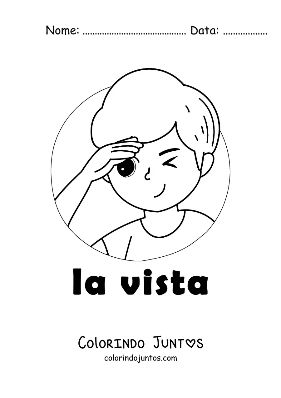 Desenho para colorir de um menino olhando para longe com o texto "a visão"