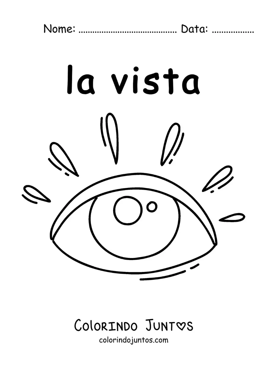 Desenho para colorir de ficha educativa sobre o sentido da visão