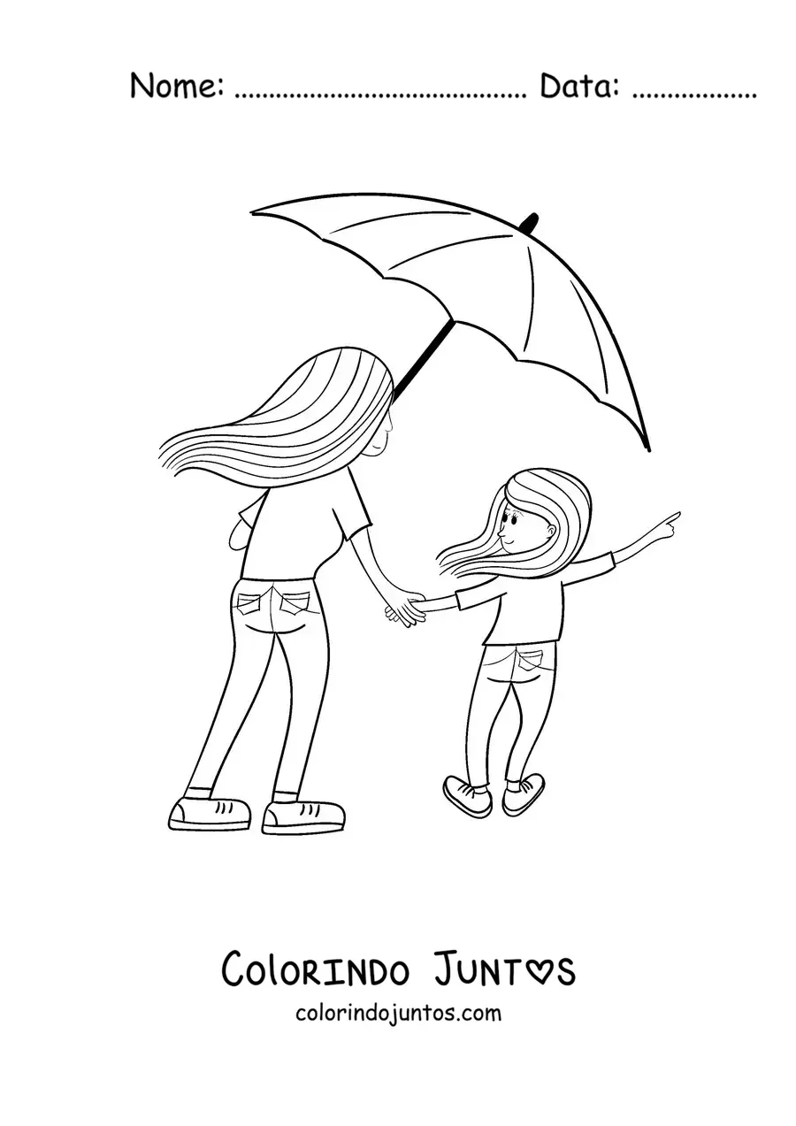 Desenho para colorir de uma mãe e sua filha juntas compartilhando uma sombrinha