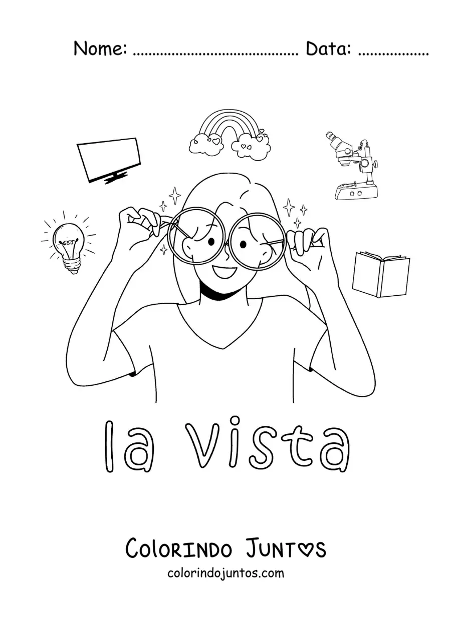 Desenho para colorir de uma menina de óculos e símbolos da visão